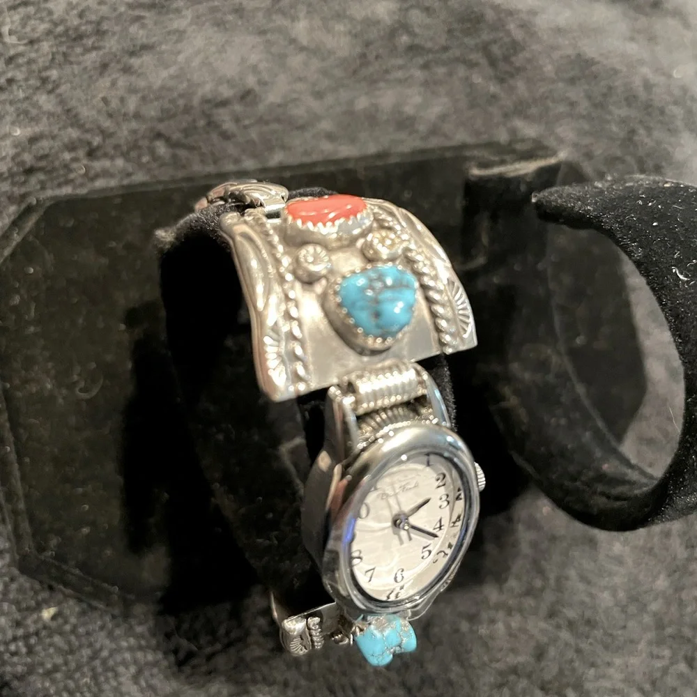Vintage Navajo Turquoise & Coral Nugget Watchband Featuring New Watch - Picture 3 of 10